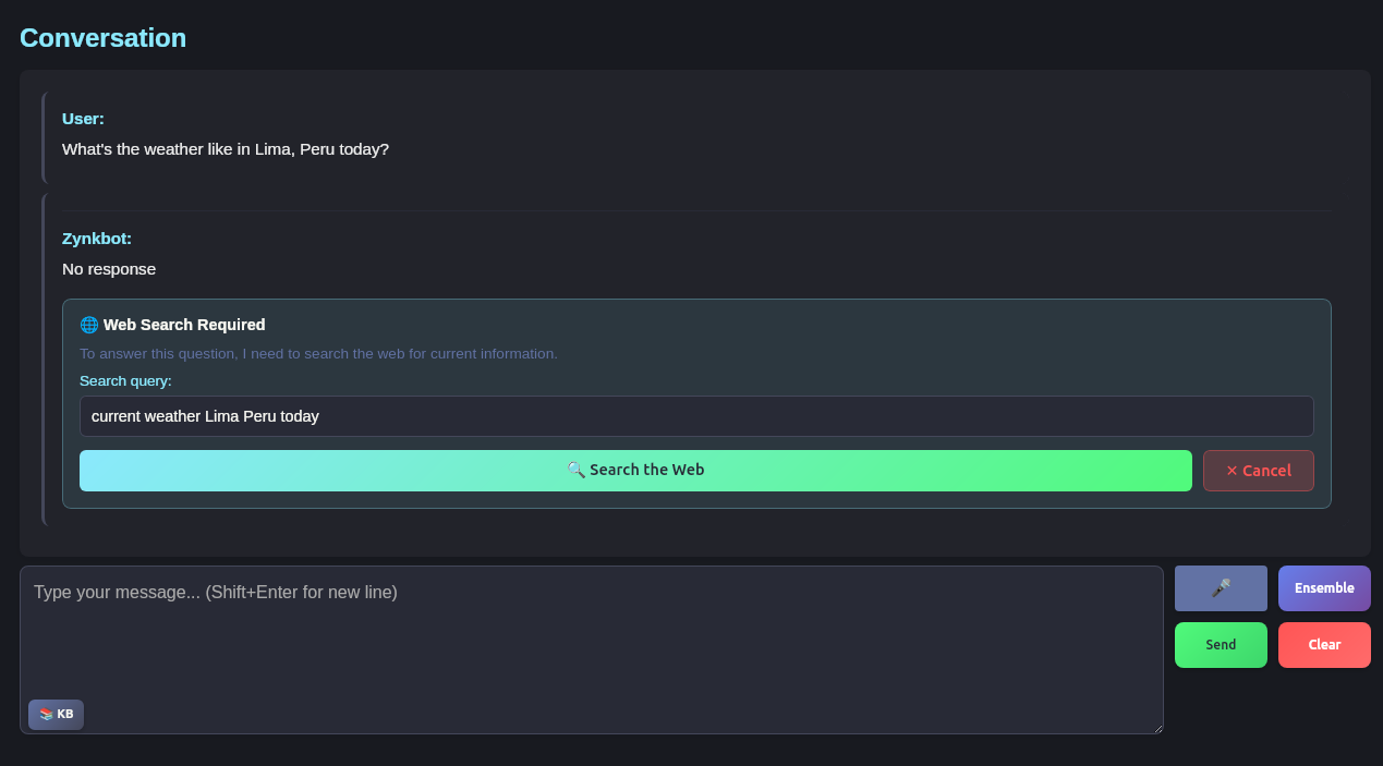 Zynkbot web search in action